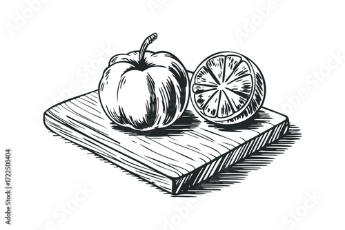 Whole and halved orange on wooden board sketch. Vector hand drawn illustration