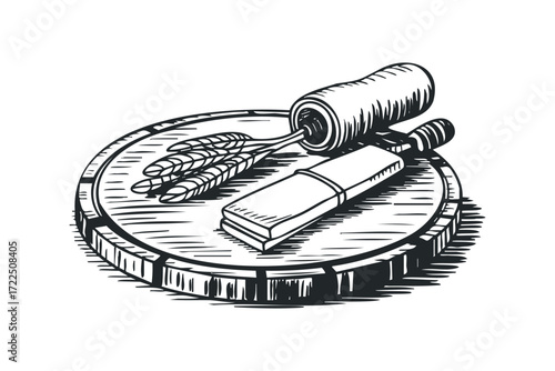 Stylized depiction of wheat stalks and a tobacco leaf roll on a wooden surface. Vector hand drawn illustration