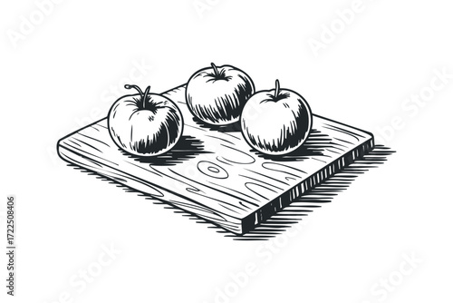Three Apples on a Wooden Board sketch. Vector hand drawn illustration