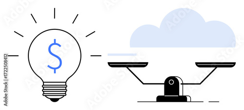 Light bulb with dollar sign symbolizes innovative financial ideas. Balanced scale under a cloud highlights equilibrium. Ideal for business, finance, innovation, strategy, balance, creativity, simple