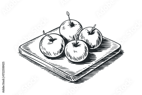 Four Apples on Wooden Cutting Board. Vector hand drawn illustration