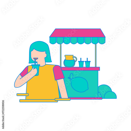 Lemonade Store. Person drinking from a cup at a lemonade stand isolated on transparent background.