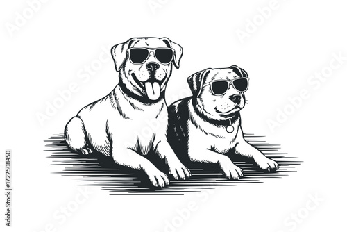 Two cool dogs wearing sunglasses lounging together. Vector hand drawn illustration