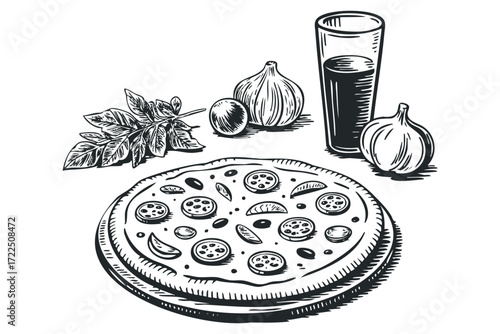 Sketch of a whole pizza with toppings, garlic, and basil. Vector hand drawn illustration
