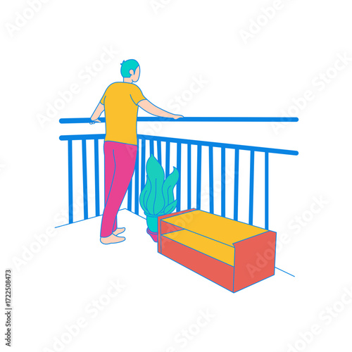 Looking out on the Balcony. Man standing on balcony looking out isolated on transparent background.