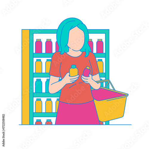 Making Price Comparison. Woman choosing products from a grocery store shelf with a basket isolated on transparent background.