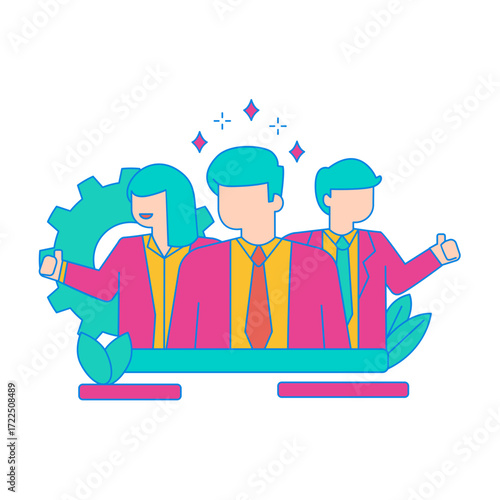 Management Team. Teamwork and success with business professionals and gear isolated on transparent background.