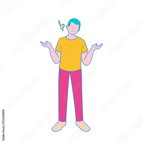 Maybe. Confused man shrugging with question and exclamation marks isolated on transparent background.