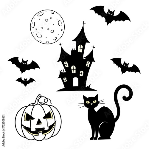 A spooky Halloween scene with a haunted house, glowing moon, flying bats, sinister pumpkin, and a black cat—classic festive vibes in cartoon style.