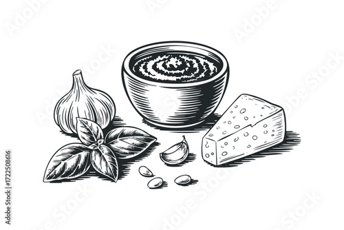 Pesto Ingredients Composition Garlic Basil Cheese Pine Nuts. Vector hand drawn illustration