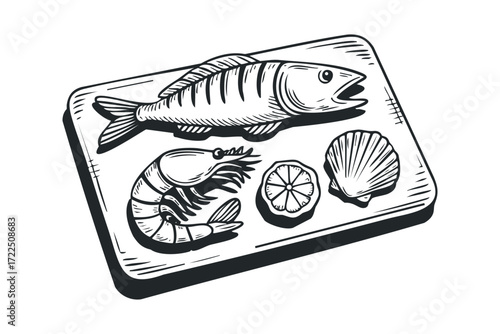 Seafood assortment with fish, shrimp, lemon, and shell. Vector hand drawn illustration