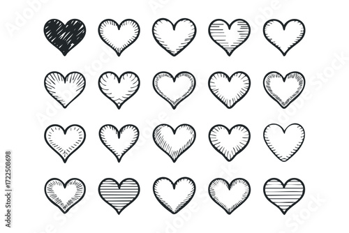 Collection of hand drawn hearts with varied textures. Vector hand drawn illustration