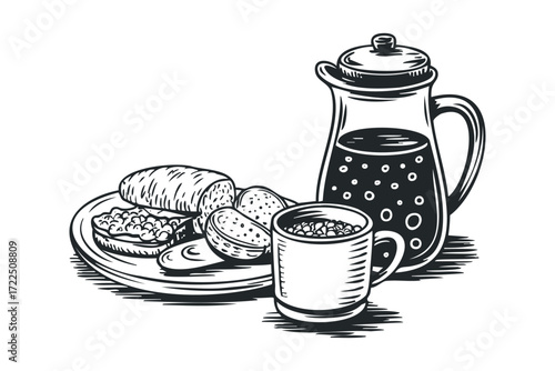 Black and White Food and Drink Still Life. Vector hand drawn illustration
