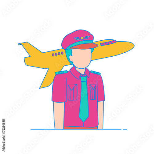 Pilot. Pilot in uniform with airplane behind isolated on transparent background.