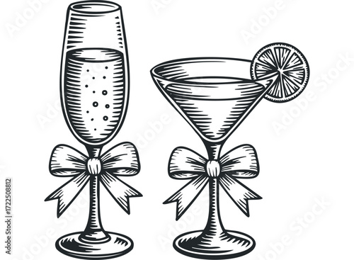Two celebratory drinks with ribbon adornment and citrus slice. Vector hand drawn illustration