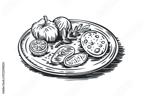 Ink Sketch of Grilled Fish and Vegetables on a Plate. Vector hand drawn illustration