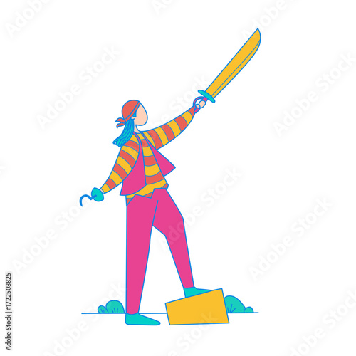 Pirate   rebel. Stylized female pirate with sword and hook isolated on transparent background.