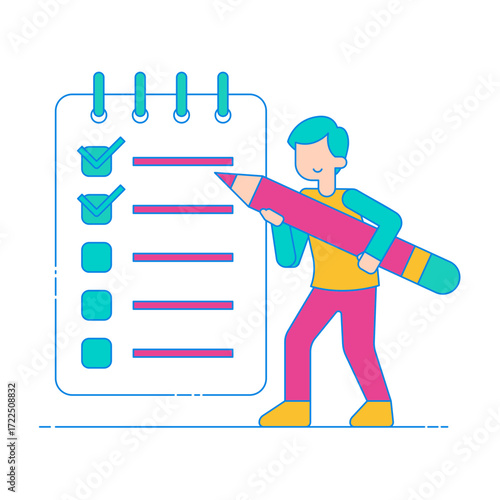 Planning. Person completing a checklist with a large pencil isolated on transparent background.