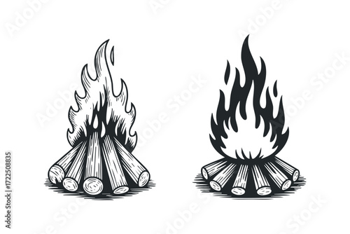 Campfire Flames and Wood Logs Illustration. Vector hand drawn illustration