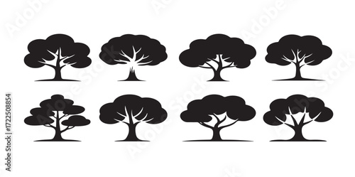 eight black silhouette tree icons collection various shapes .