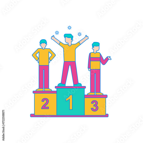 Podium. Three people on a winners podium with numbers 1 2 3 isolated on transparent background.