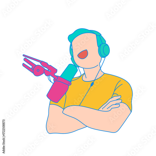 Podcast. Person with headphones and microphone speaking into mic isolated on transparent background.