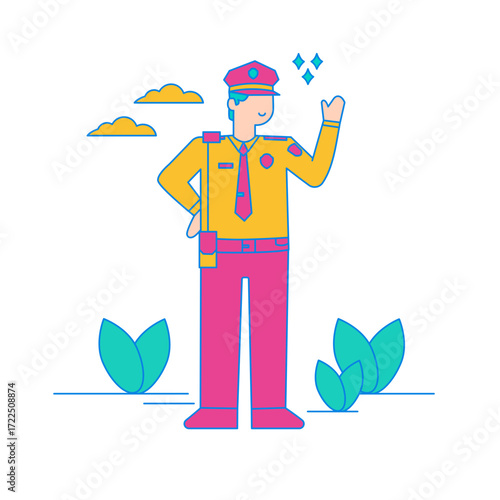 Police Officer. Friendly police officer waving hello isolated on transparent background.