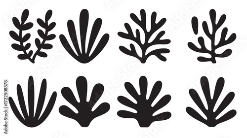 eight black silhouettes of stylized seaweed and aquatic 