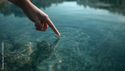 Ripple of Touch: A delicate finger gently touches the surface of pristine water, creating mesmerizing ripples. Capturing a sense of serene interaction and the beauty of water.