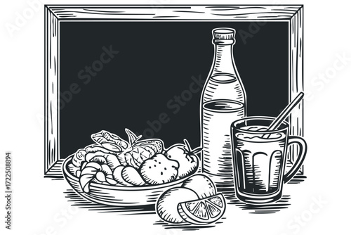Still life with fruit bowl and beverages. Vector hand drawn illustration