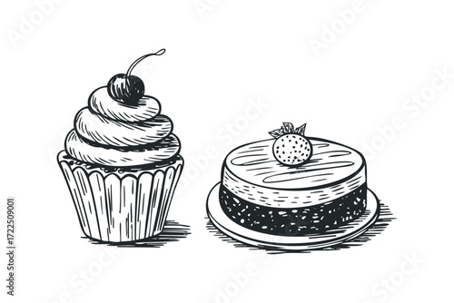 Sketch Drawing of Cupcake and Round Cake. Vector hand drawn illustration