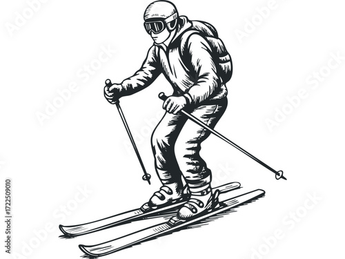 Skier with poles and backpack descending slope. Vector hand drawn illustration