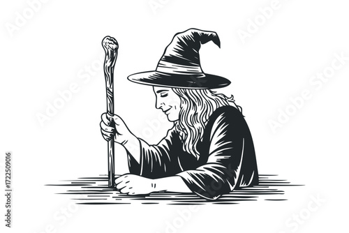 Wizard holding a staff in a drawn, textured style. Vector hand drawn illustration