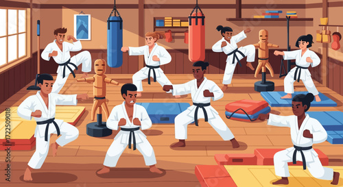 Diverse group of young martial artists practicing karate in a dojo.