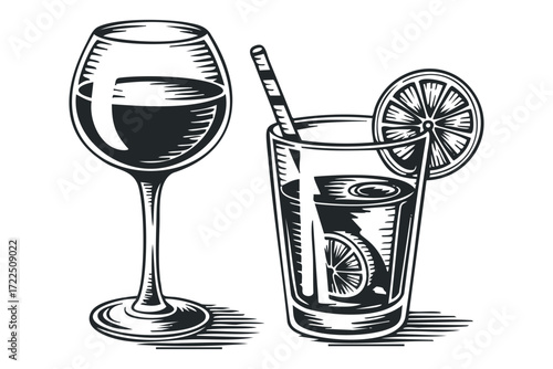 Two refreshing drinks and glass of wine. Vector hand drawn illustration