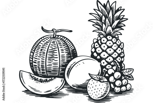 Fresh Fruit Assortment Line Drawing. Vector hand drawn illustration