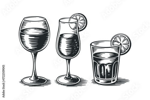 Three different glasses with drinks and garnishes. Vector hand drawn illustration