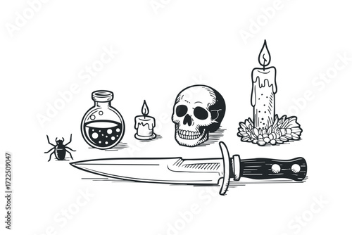 Skull, spider, knife, and potion bottle with candles. Vector hand drawn illustration
