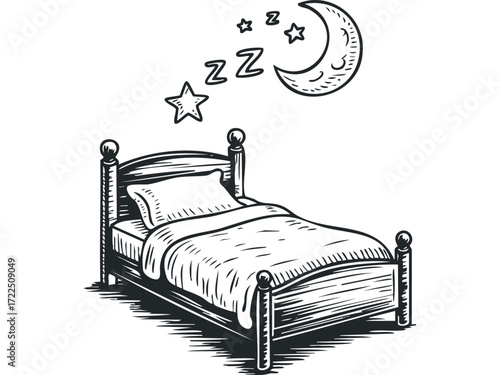 Drawn Bed with Moon and Stars. Vector hand drawn illustration