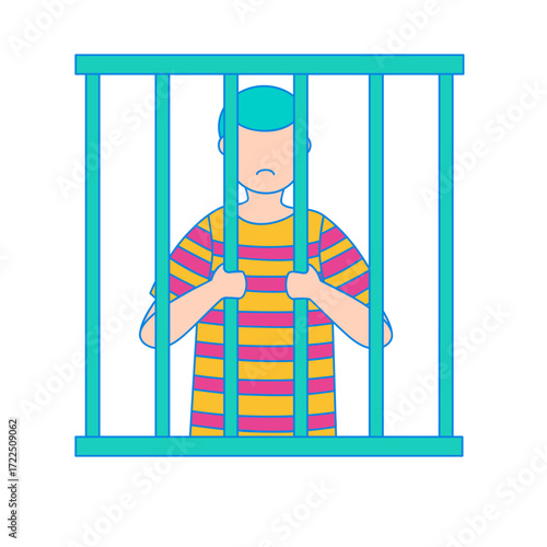 Prison. Sad person behind bars isolated on transparent background.