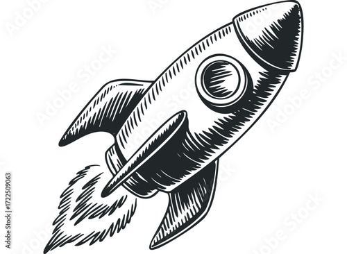 Engraving style rocket ship with flames shooting upwards. Vector hand drawn illustration