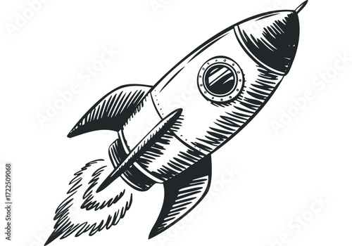 Hand drawn vintage rocket ship ascending into space. Vector hand drawn illustration