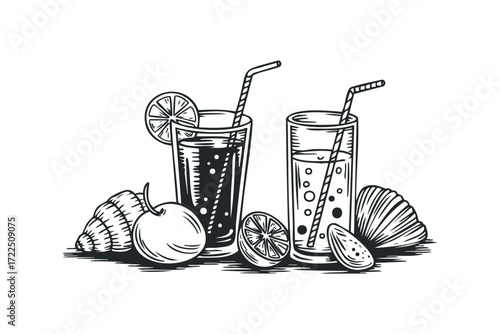 Two refreshing drinks with citrus fruit and seashells. Vector hand drawn illustration