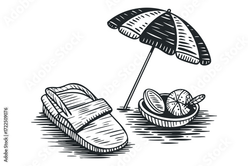 Beach umbrella and flip-flop with fruit bowl. Vector hand drawn illustration