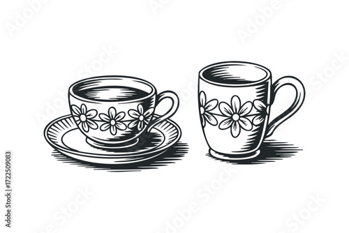 Two mugs with floral motifs. Vector hand drawn illustration