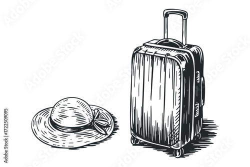 Luggage and wide brim hat arranged on a white surface. Vector hand drawn illustration
