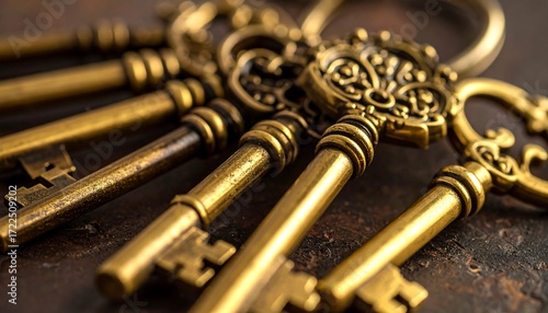Antique brass keys on a rustic surface