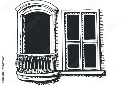 Architectural Sketch of Ornate Balcony and French Window. Vector hand drawn illustration