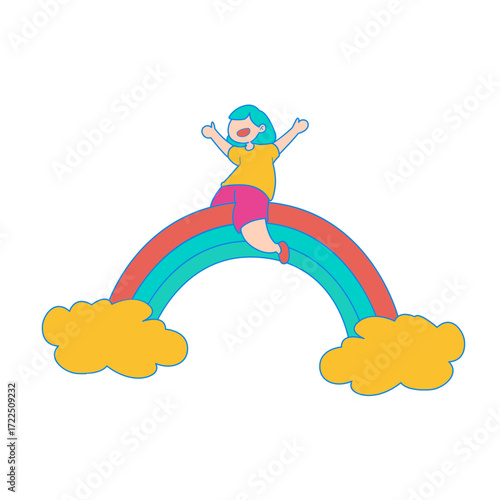 Rainbow. Happy child riding a rainbow with clouds isolated on transparent background.