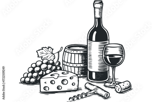 Wine tasting elements including grapes cheese and barrel. Vector hand drawn illustration